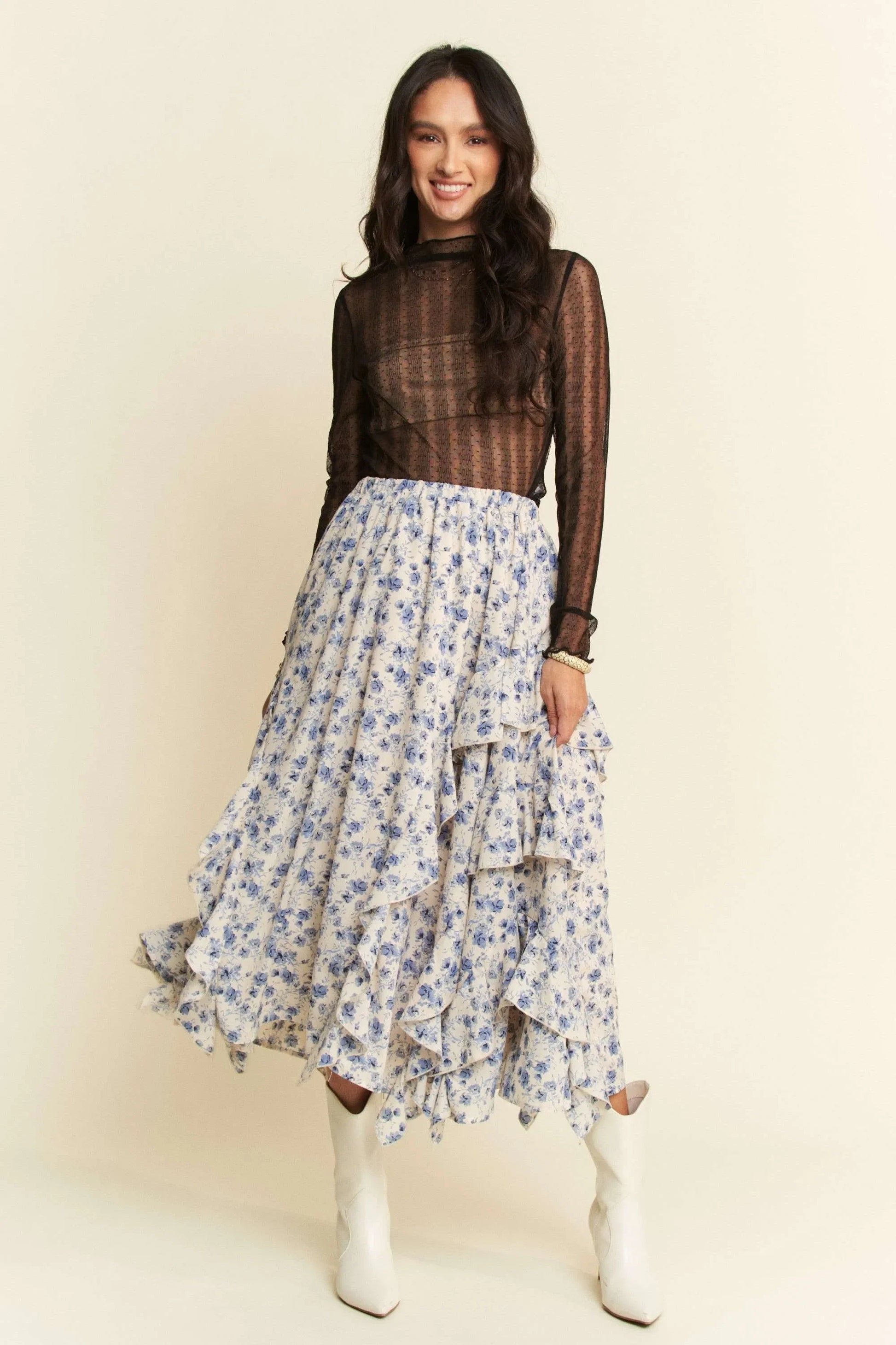Turtle Neck Lace Dotted Stretch Mesh Sheer Top - Eva's Edition