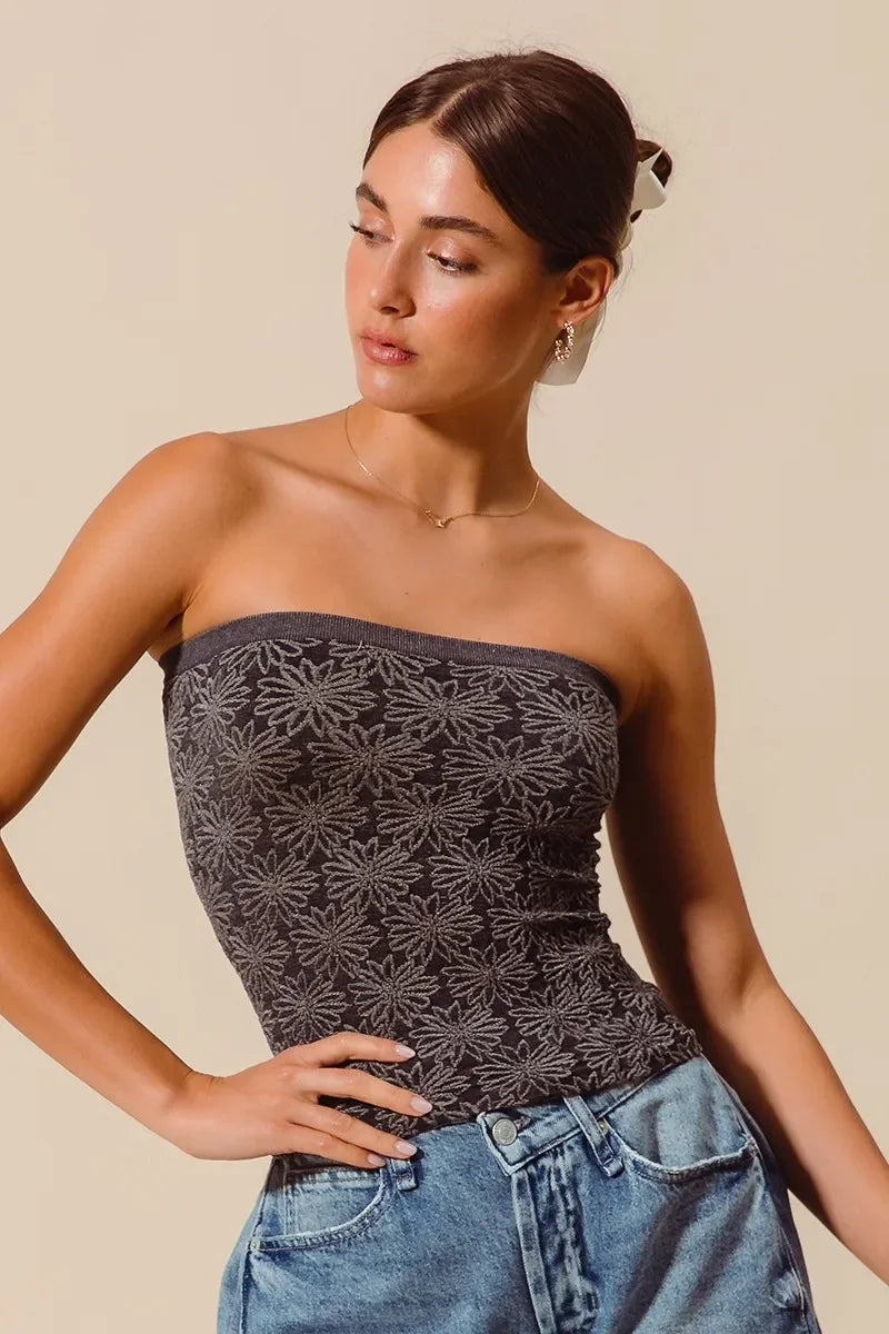 Jacquard Floral Two Tone Seamless Tube Top - Eva's Edition