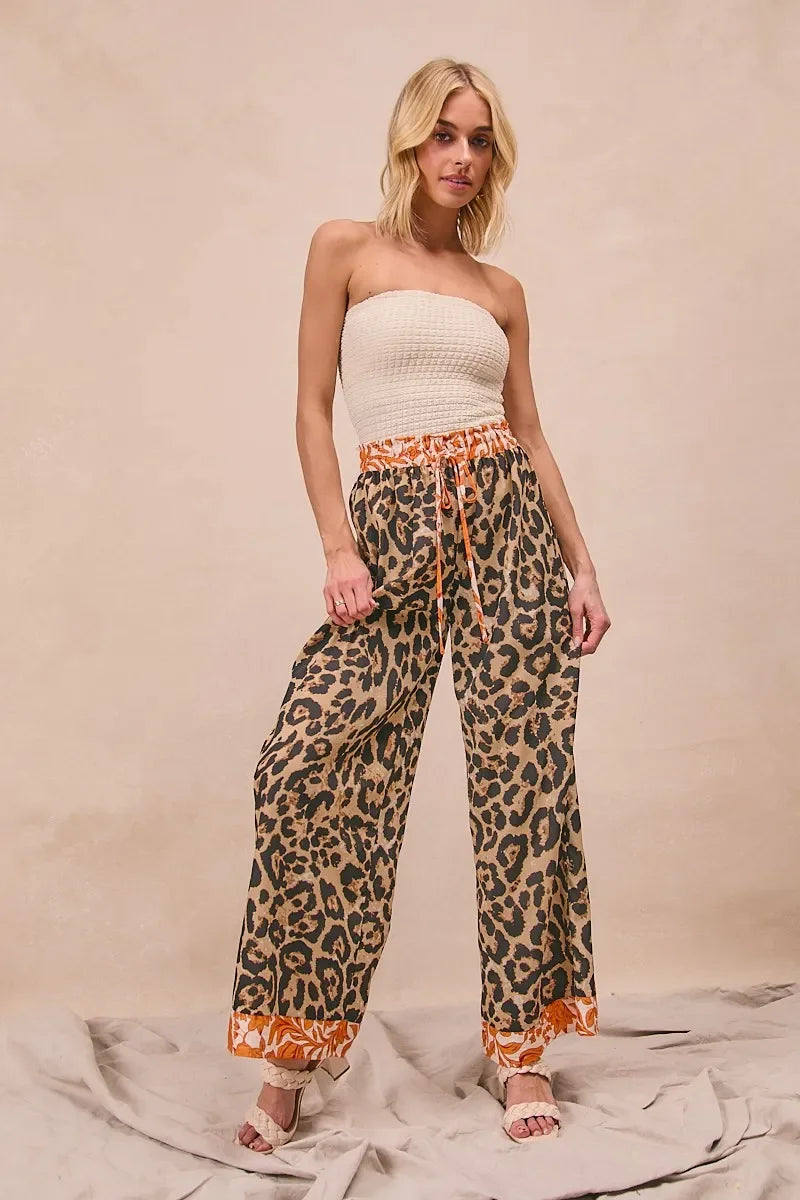 Leopard Print With Contrast Banded Wide Pants - Eva's Edition