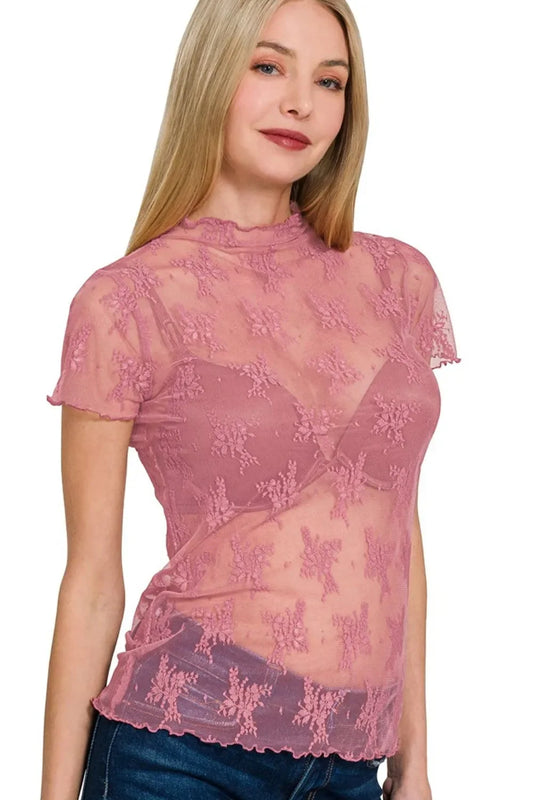 Lace See-through Layering Short Sleeve Top - Eva's Edition