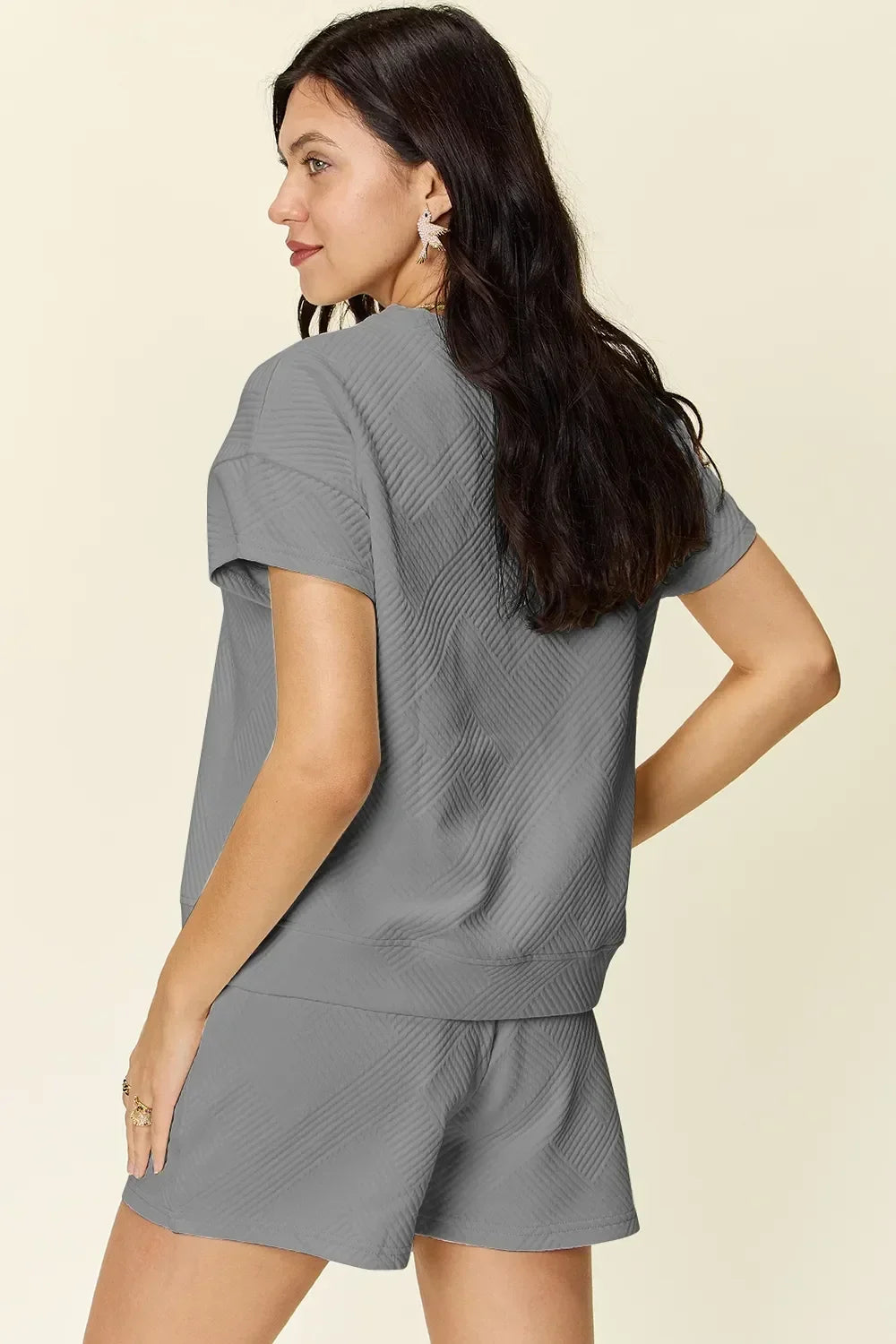 Textured Short Sleeve T-Shirt and Drawstring Shorts Set - Eva's Edition