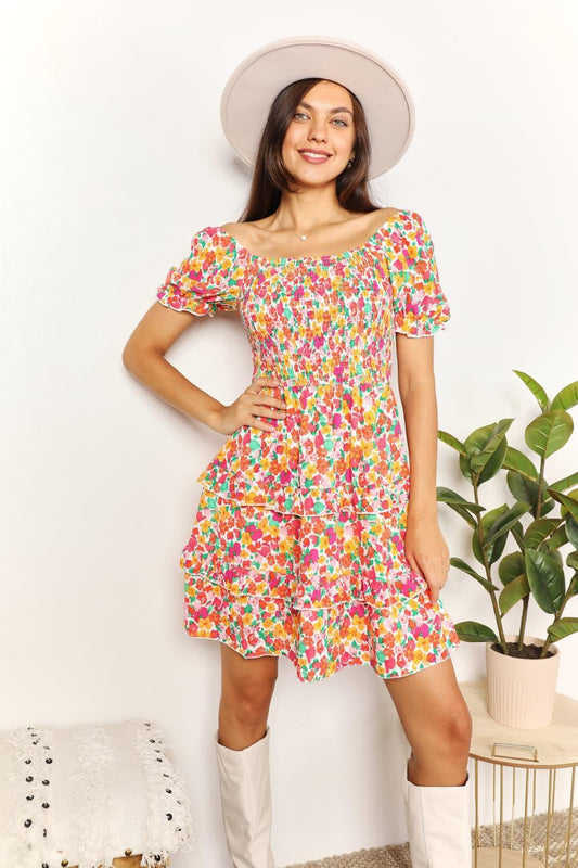 Devine Smocked Sweetheart Neck Flounce Sleeve Mini Dress - Eva's Edition