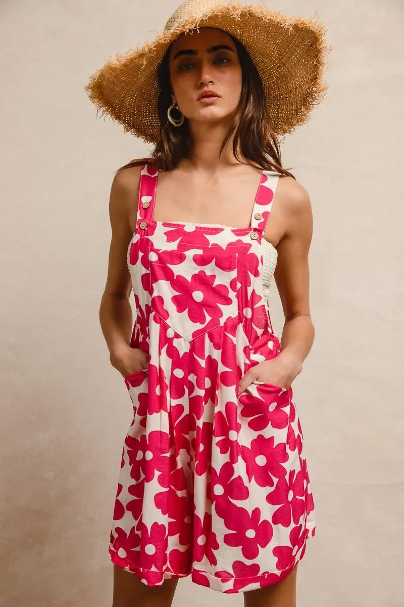 Floral Prints Tuck Detail Short Overall With Pockets - Eva's Edition