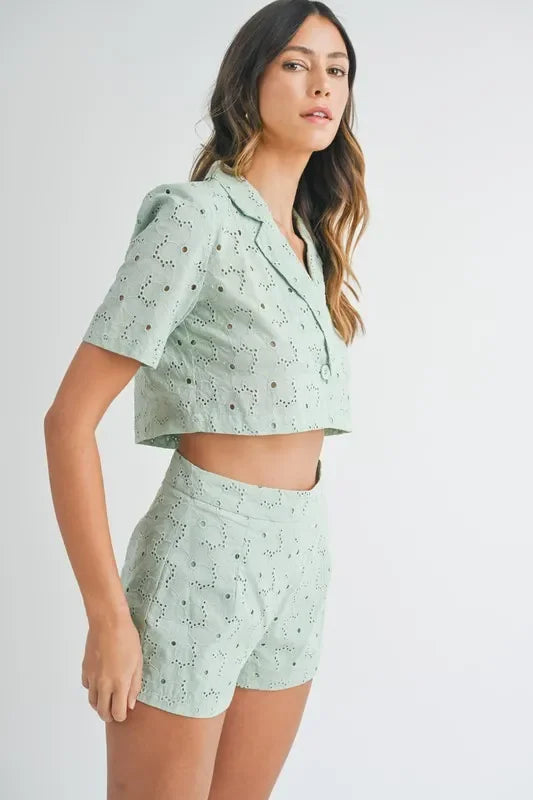 Eyelet Short Sleeve Crop Top and Shorts Set - Eva's Edition