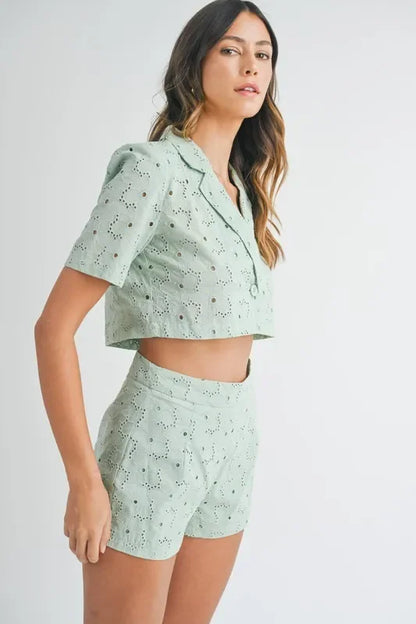 Eyelet Short Sleeve Crop Top and Shorts Set - Eva's Edition