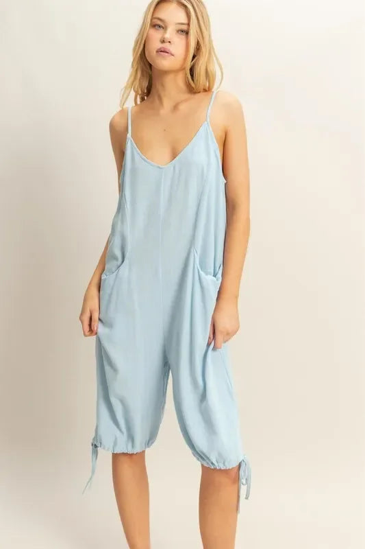 V-Neck Pocket Detail Side Tie Hem Romper - Eva's Edition