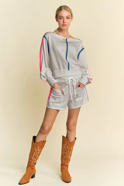 Sequin Stripe Long Sleeve Top And Short Pants Set - Eva's Edition