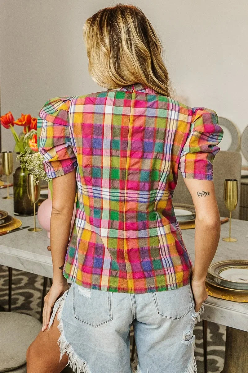 Short Puff Sleeve Washed Vintage Plaid Top - Eva's Edition