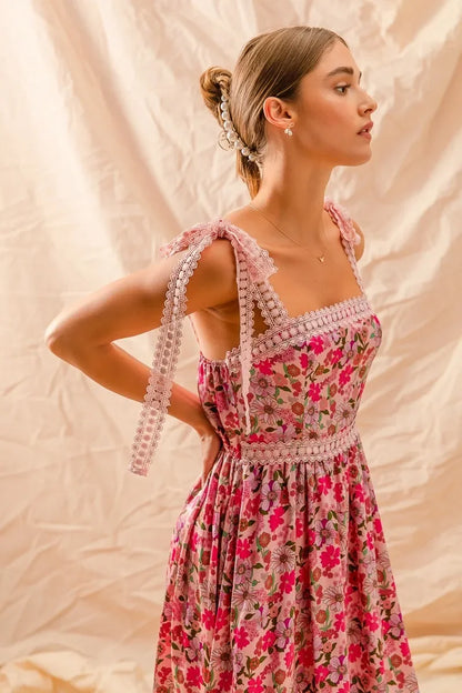 Floral Maxi Dress With Ribbon Tie Lace Strap - Eva's Edition