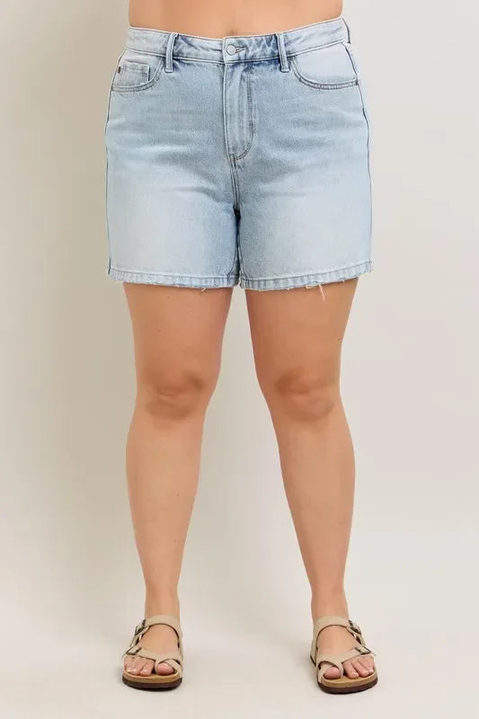 Frayed Hem High Rise Denim Shorts with Pockets - Eva's Edition