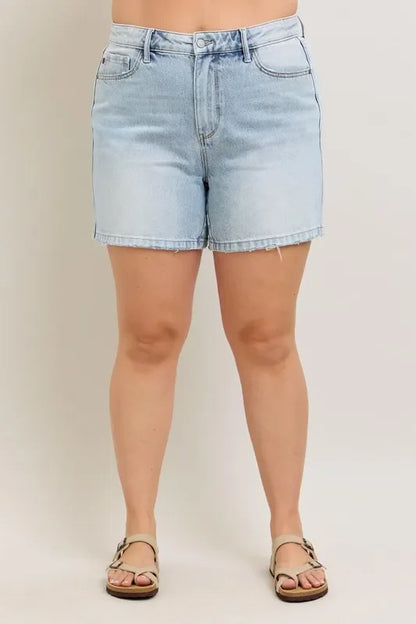 Frayed Hem High Rise Denim Shorts with Pockets - Eva's Edition