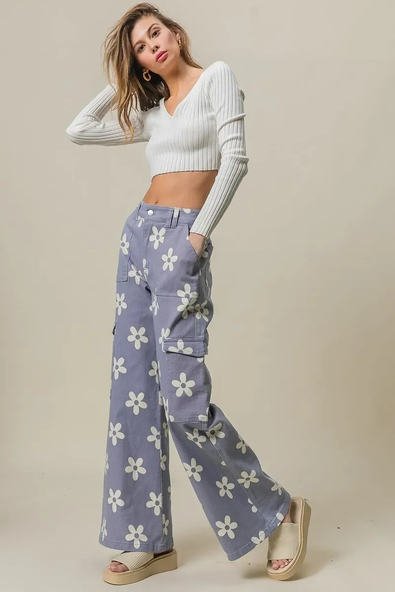 Flower Printed Side Pocket Wide Pants - Eva's Edition