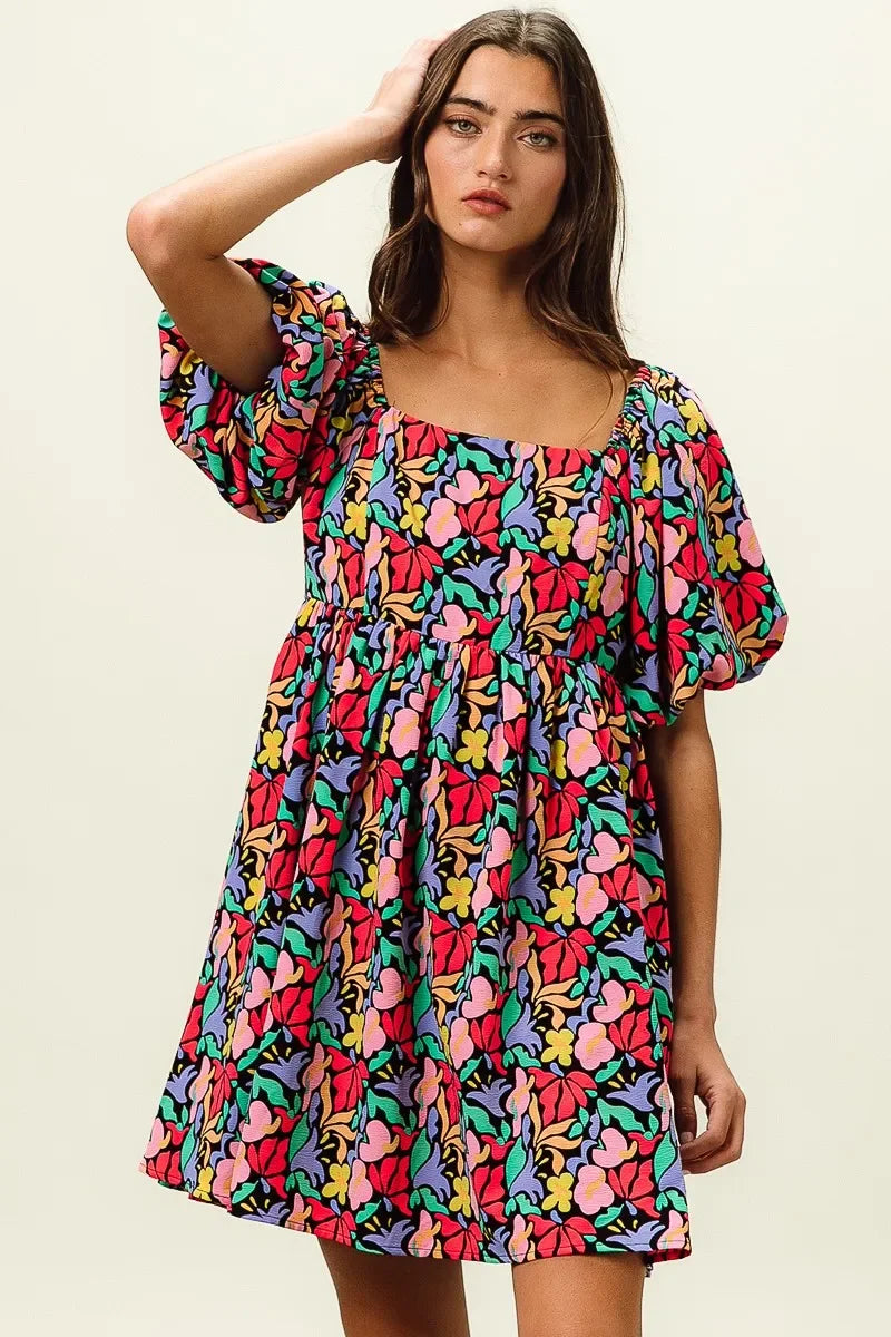 Floral Print Puff Square Neck Dress - Eva's Edition