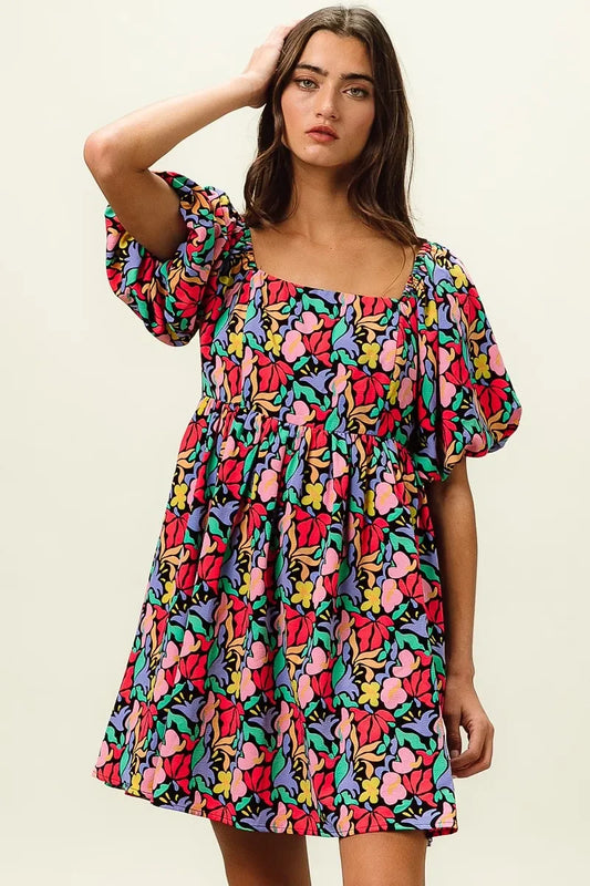 Floral Print Puff Square Neck Dress - Eva's Edition
