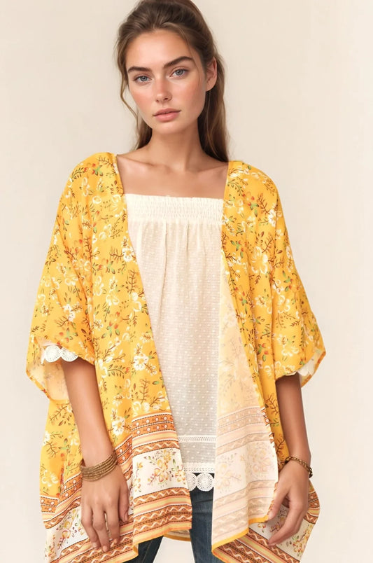 Floral Printed Short Sleeve Loose Fit Kimono Cover Up - Eva's Edition