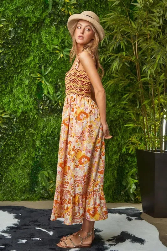 Multi Smocked Bodice Geo Ruffle Strappy Midi Dress - Eva's Edition