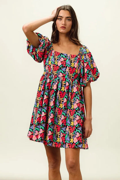 Floral Print Puff Square Neck Dress - Eva's Edition