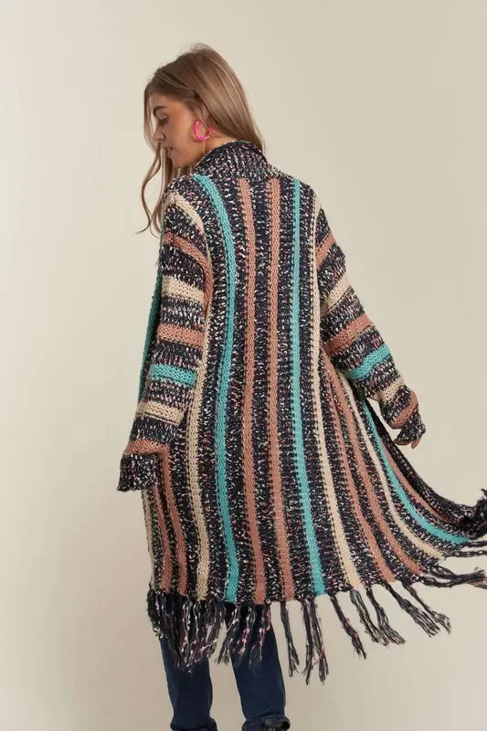 Multi Colour Sweater Long Cardigan with Fringes - Eva's Edition
