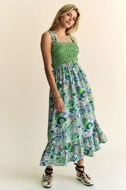 Multi Smocked Bodice Geo Ruffle Strappy Midi Dress - Eva's Edition