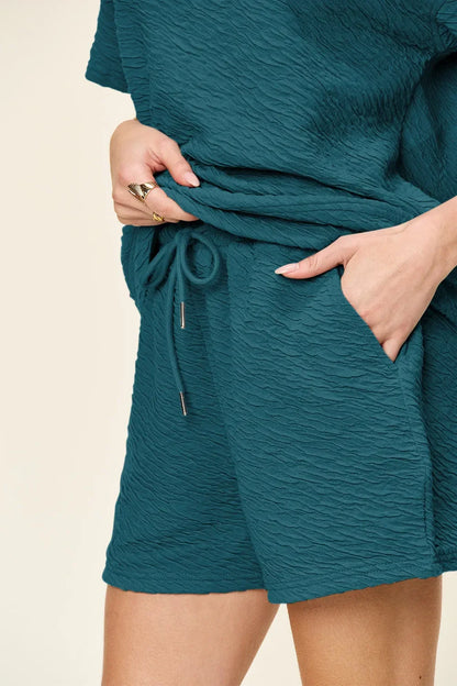 Textured Short Sleeve T-Shirt and Drawstring Shorts Set - Eva's Edition
