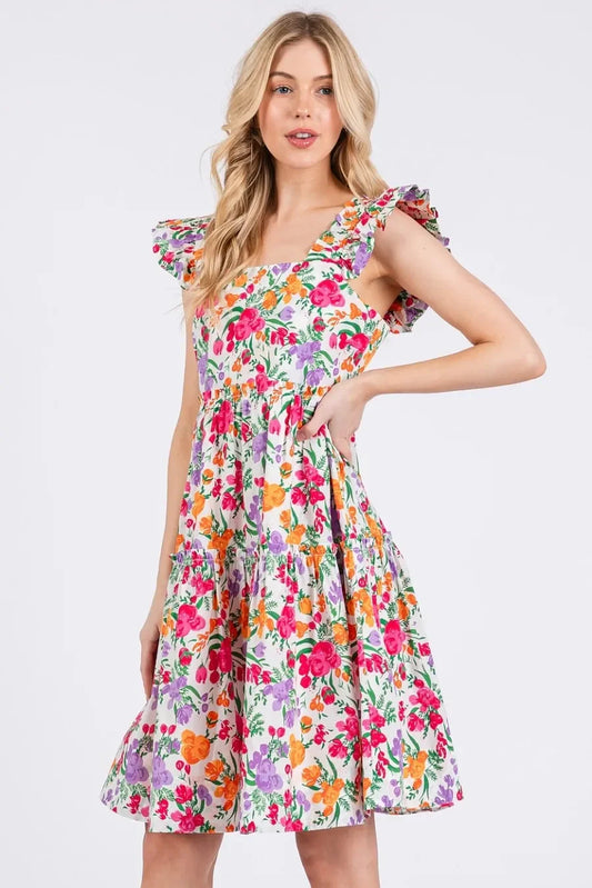 Flower Print Ruffle Shoulder A-line Mini Dress - Eva's Edition