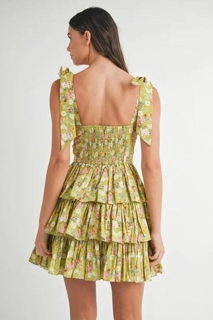 Floral Print Shoulder Tie Layered Mini Dress - Eva's Edition