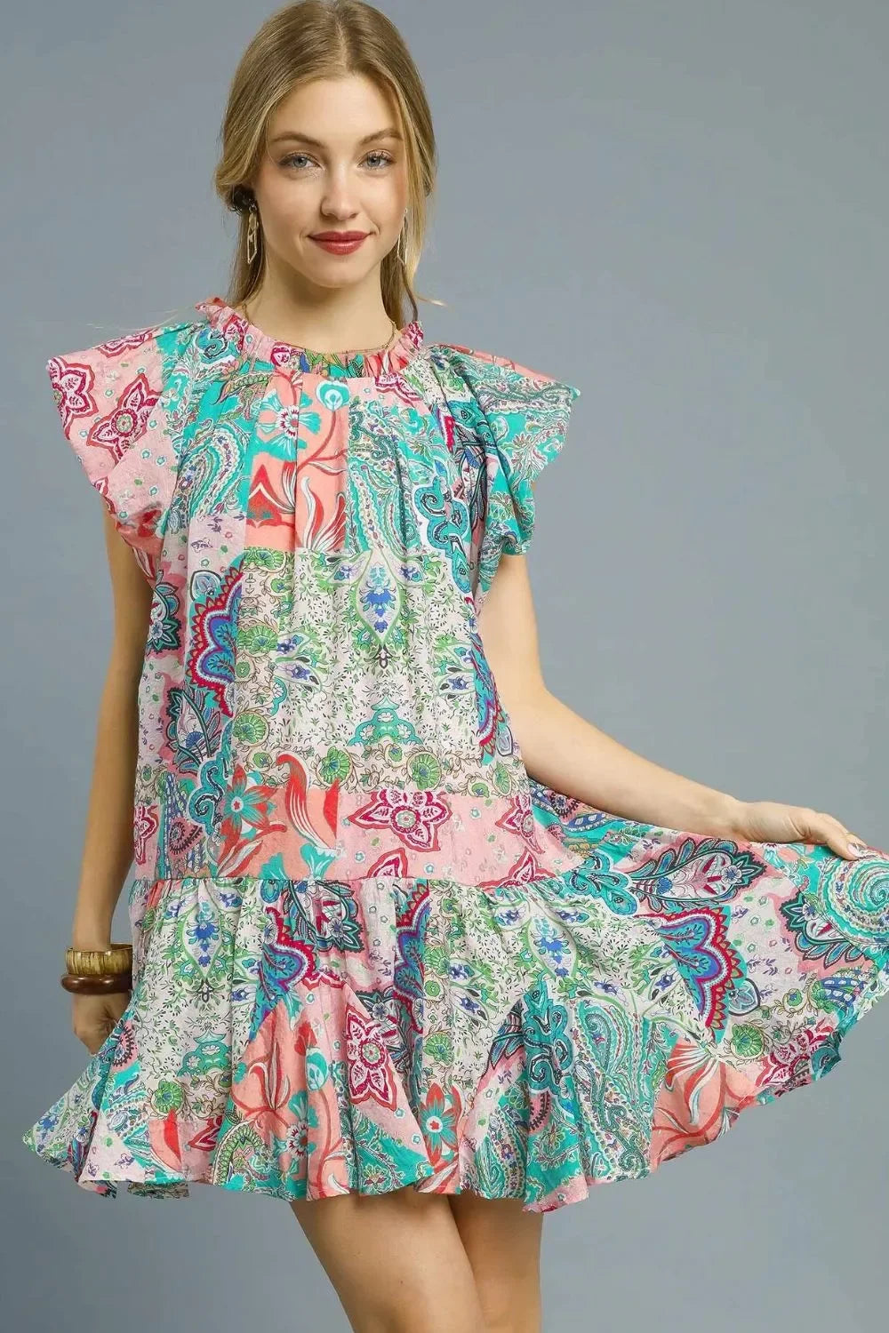 Printed Ruffle Cap Sleeve Mini Dress - Eva's Edition