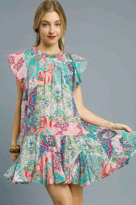 Printed Ruffle Cap Sleeve Mini Dress - Eva's Edition