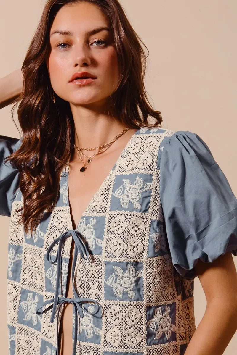 Crochet Lace Tie Front V Neck Blouse Top - Eva's Edition