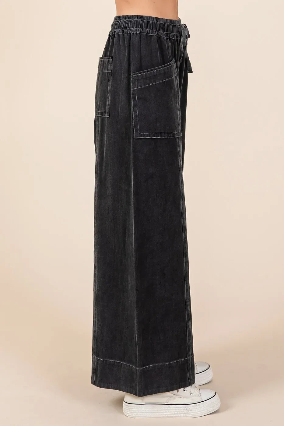 Wide Leg Elastic Waist Twill Pants - Eva's Edition