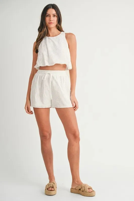Eyelet Bubble Hem Sleeveless Top and Shorts Set - Eva's Edition