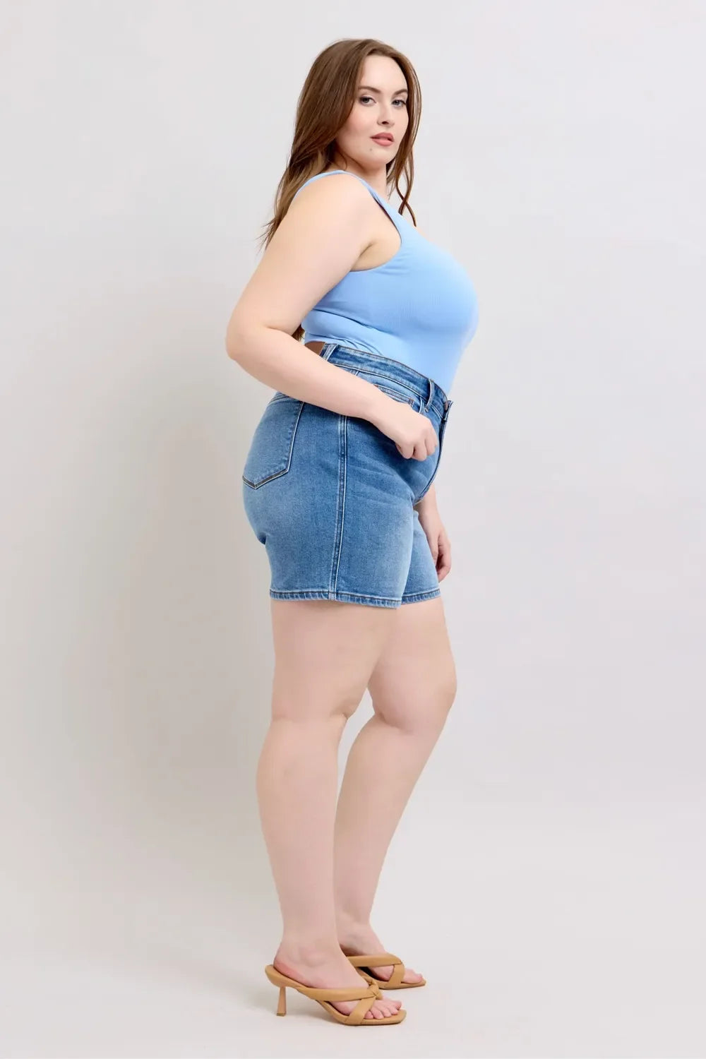 2 Button Denim Shorts with Pockets Plus Size - Eva's Edition
