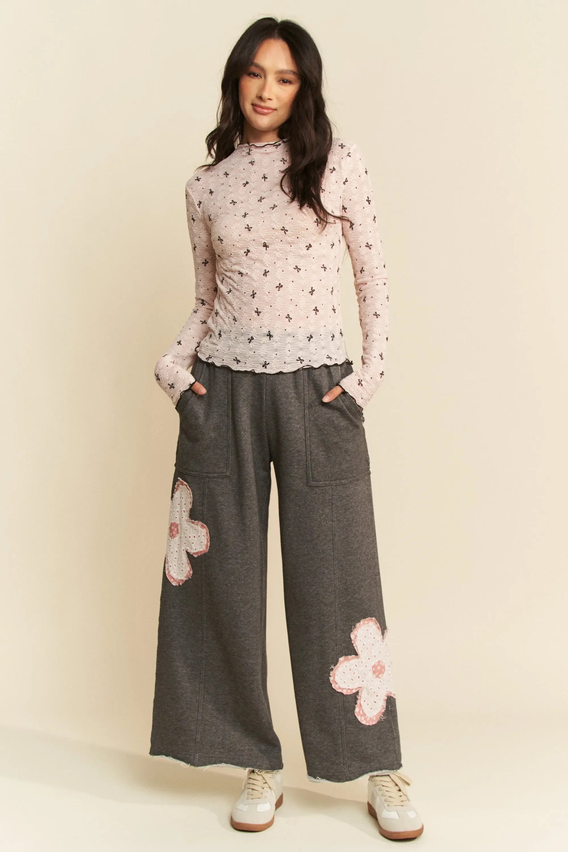 Ribbon Bow Lace Hem Long Sleeve Mesh Layering Top - Eva's Edition