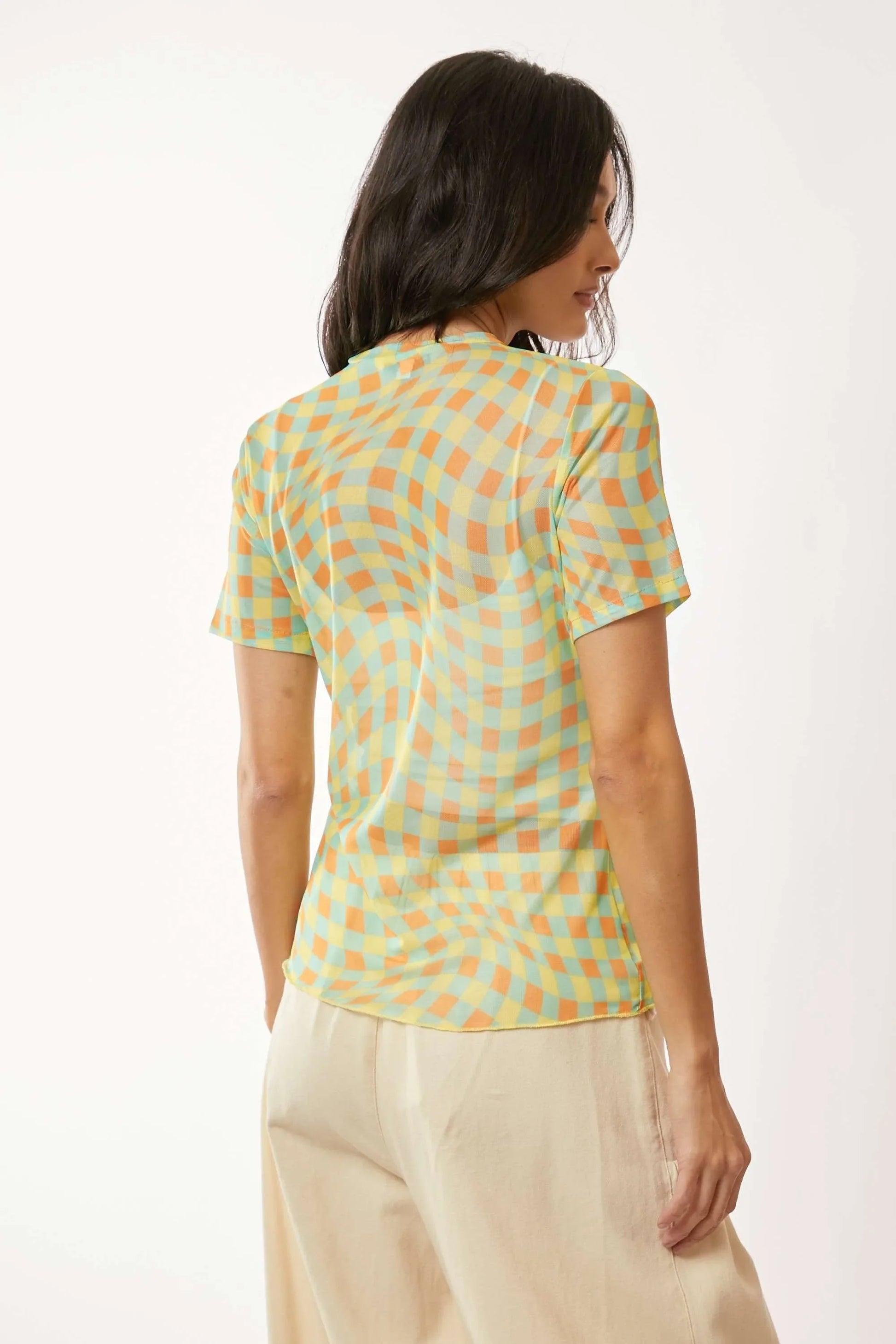 Check Printed Mesh Short Sleeve Top - Eva's Edition