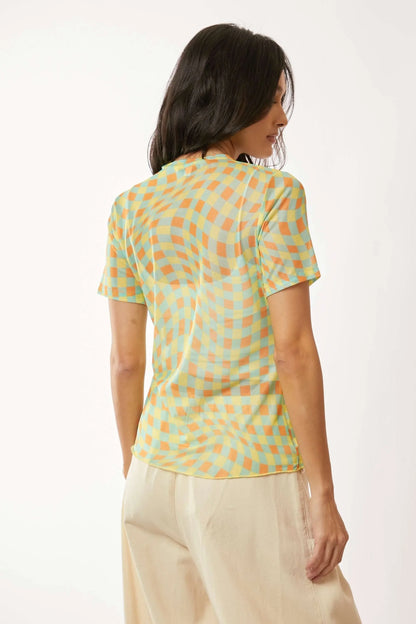 Check Printed Mesh Short Sleeve Top - Eva's Edition