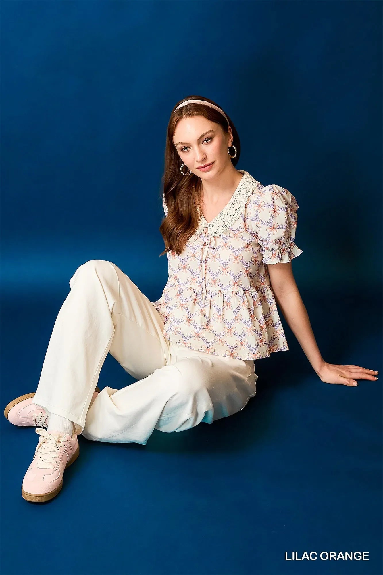 Lace Detail Bow Print Flounce Sleeve Blouse - Eva's Edition