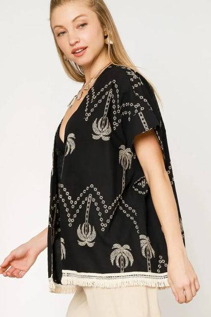 Open Front Embroidered Fringe Kimono - Eva's Edition