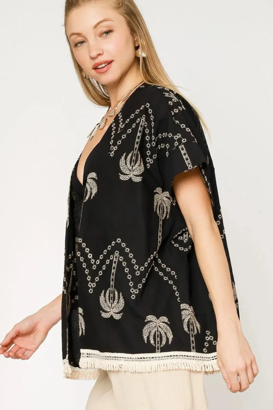 Open Front Embroidered Fringe Kimono - Eva's Edition