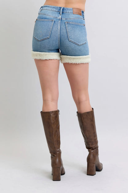 Tummy Control Shearling Cuff Denim Shorts - Eva's Edition