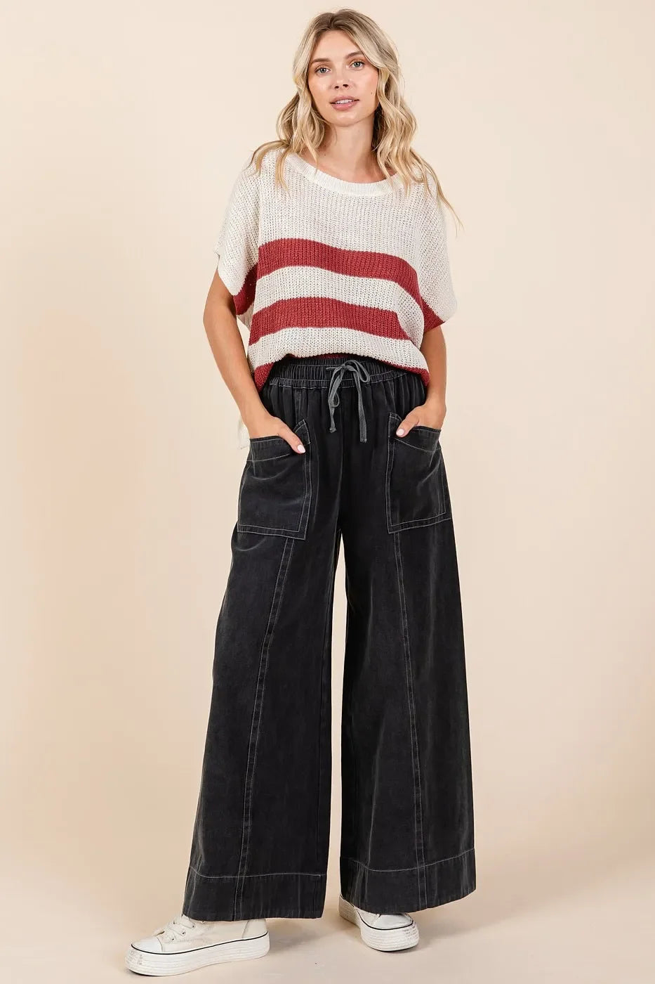 Wide Leg Elastic Waist Twill Pants - Eva's Edition