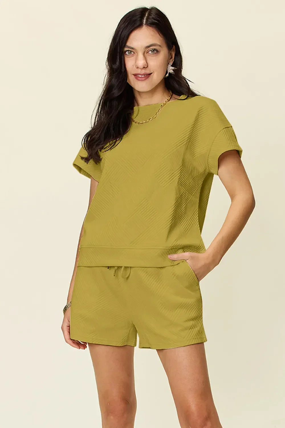 Textured Short Sleeve T-Shirt and Drawstring Shorts Set - Eva's Edition