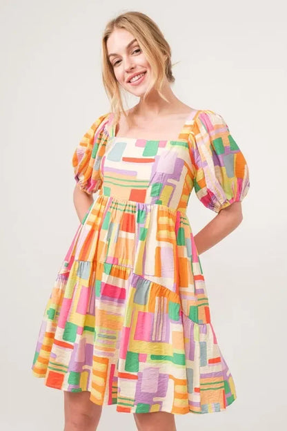 Square Neck Puff Sleeve Geo Printed Mini Dress - Eva's Edition