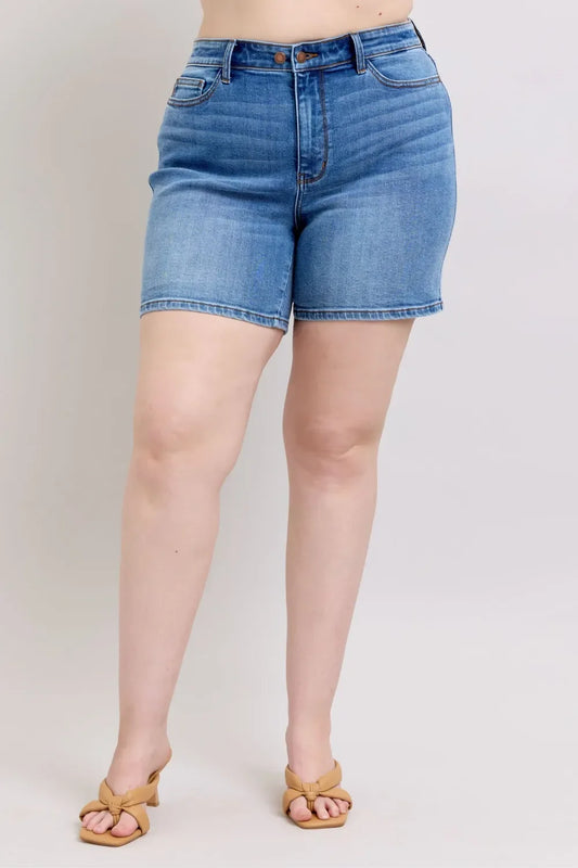 2 Button Denim Shorts with Pockets Plus Size - Eva's Edition