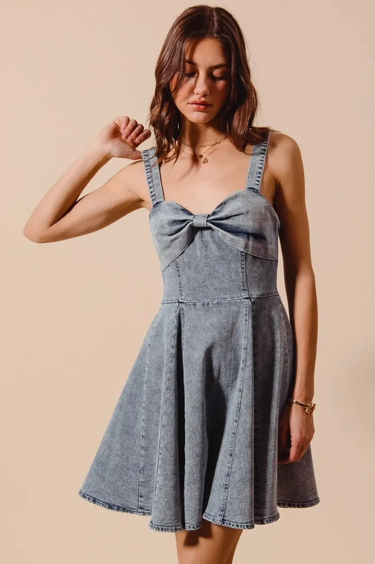 Mineral Washed Bow Ribbon Denim Flare Dress - Eva's Edition