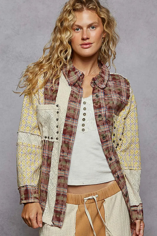 Studded Contrast Plaid Long Sleeve Shirt - Eva's Edition