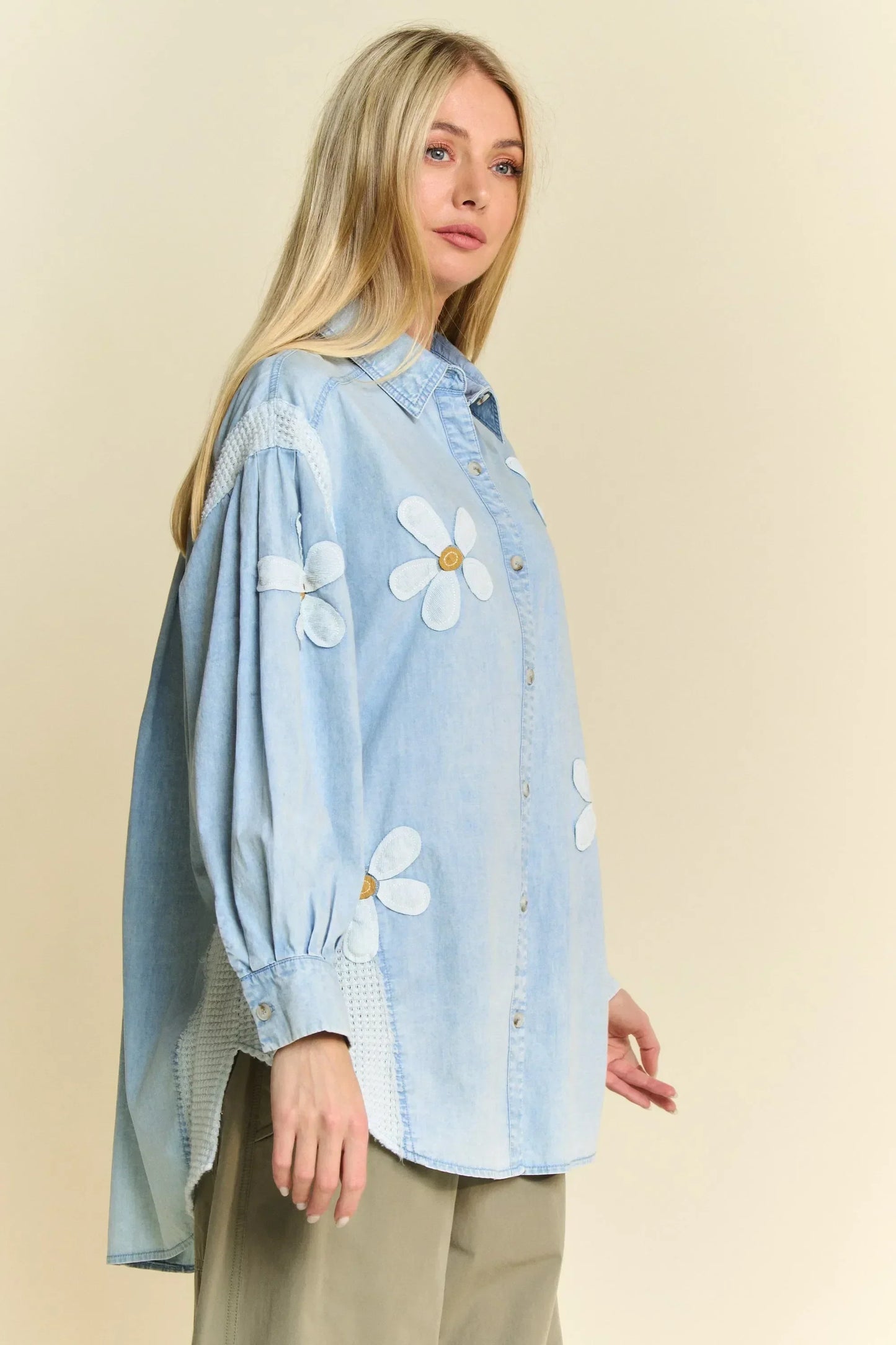 Lightweight Washed Daisy Patch Waffle Knit Shirt - Eva's Edition