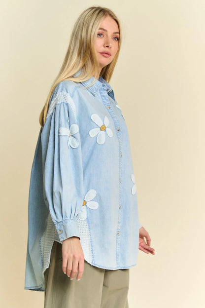 Lightweight Washed Daisy Patch Waffle Knit Shirt - Eva's Edition