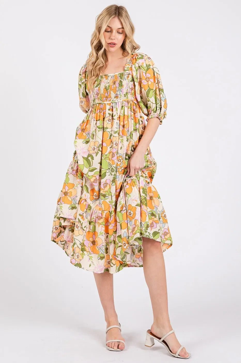 Mittoshop Flower Print Puff Sleeve Ruffle Smocked Midi Dress - Eva's Edition