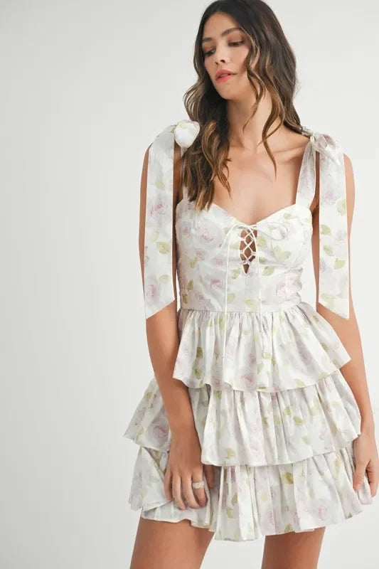 Floral Print Shoulder Tie Layered Mini Dress - Eva's Edition