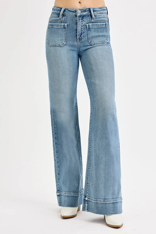 High Rise Wide Flare Patch Pocket Jeans Plus Size - Eva's Edition